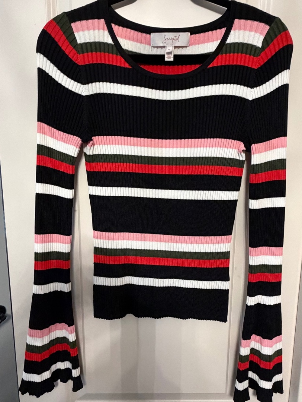 Scripted Striped Ribbed Bell Sleeve Sweater Top – Size S/P